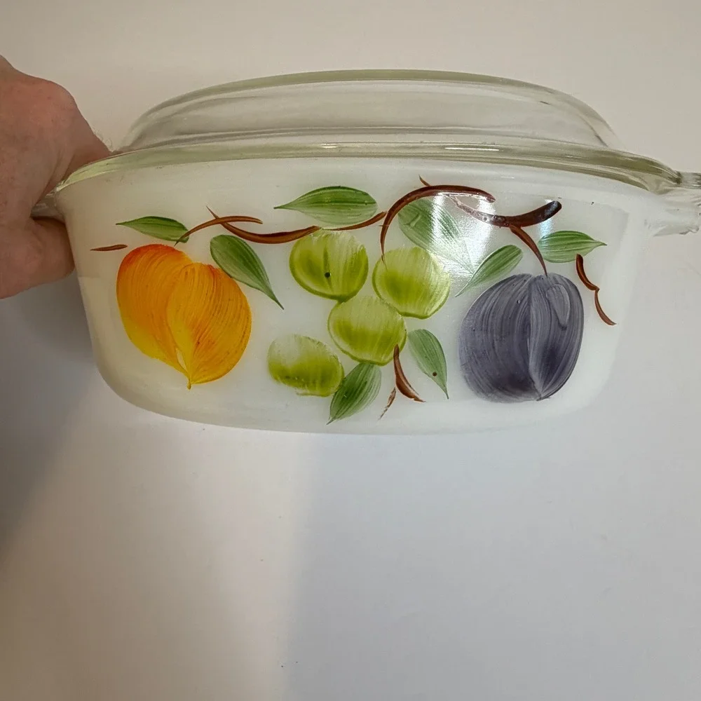 Vintage Fire-King Gay Fad Fruit Milk Glass Bakeware Set 3pc Anchor Hocking